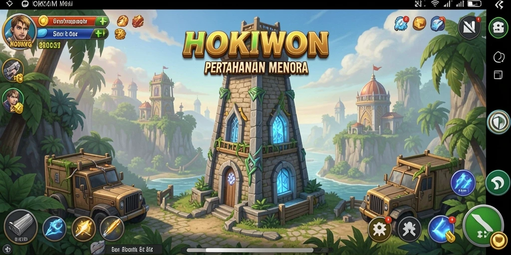 Tangkapan layar HOKIWON menampilkan gameplay strategi memperkuat menara pertahanan melawan musuh.