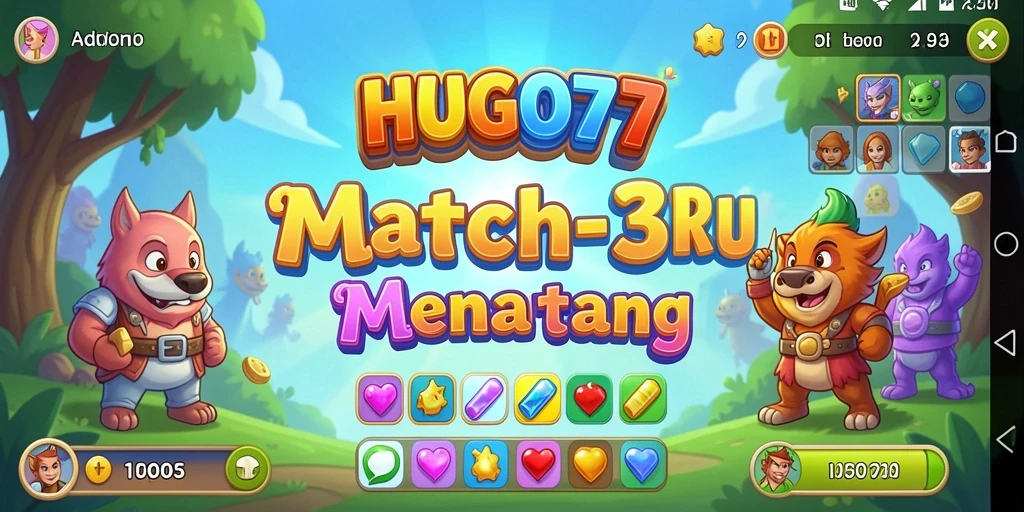 Tangkapan layar HUGO77 menunjukkan gameplay seru dengan kombinasi warna-warni.