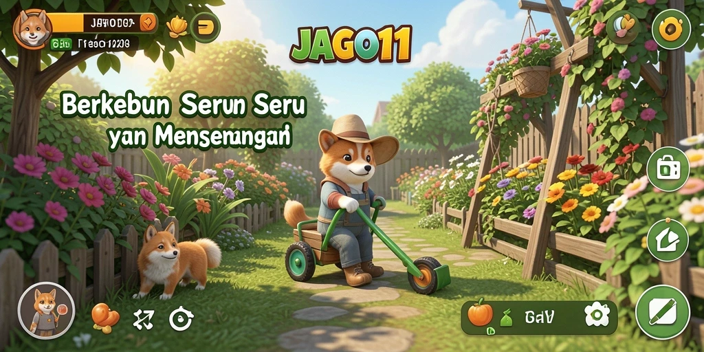 Screenshot JAGO11 menampilkan kebun yang rimbun dengan beragam tanaman.