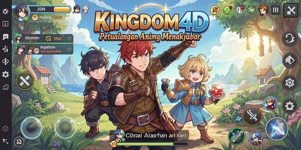Tangkapan layar gameplay KINGDOM4D yang menampilkan aksi seru dan karakter anime.