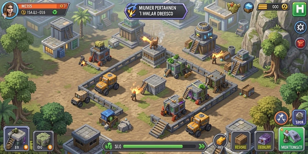 Screenshot gameplay ME355 menampilkan aksi seru pertahanan menara.