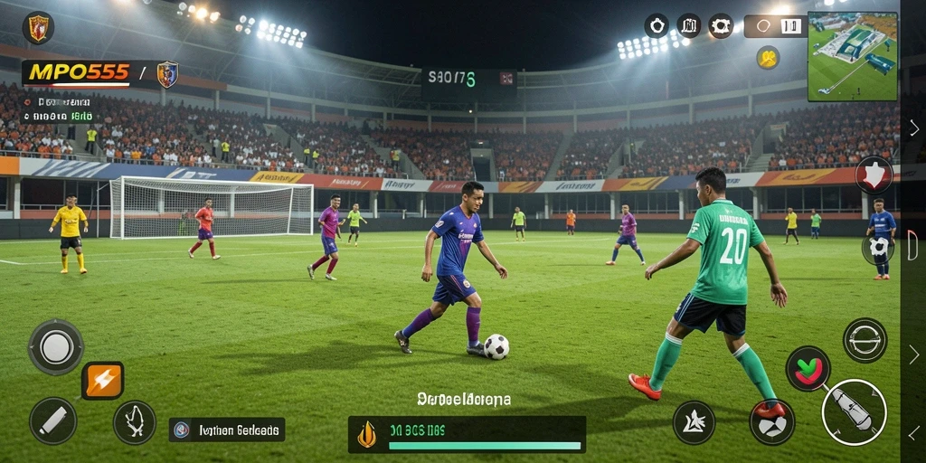 Tangkapan layar utama menampilkan aksi mendebarkan dari permainan sepak bola.
