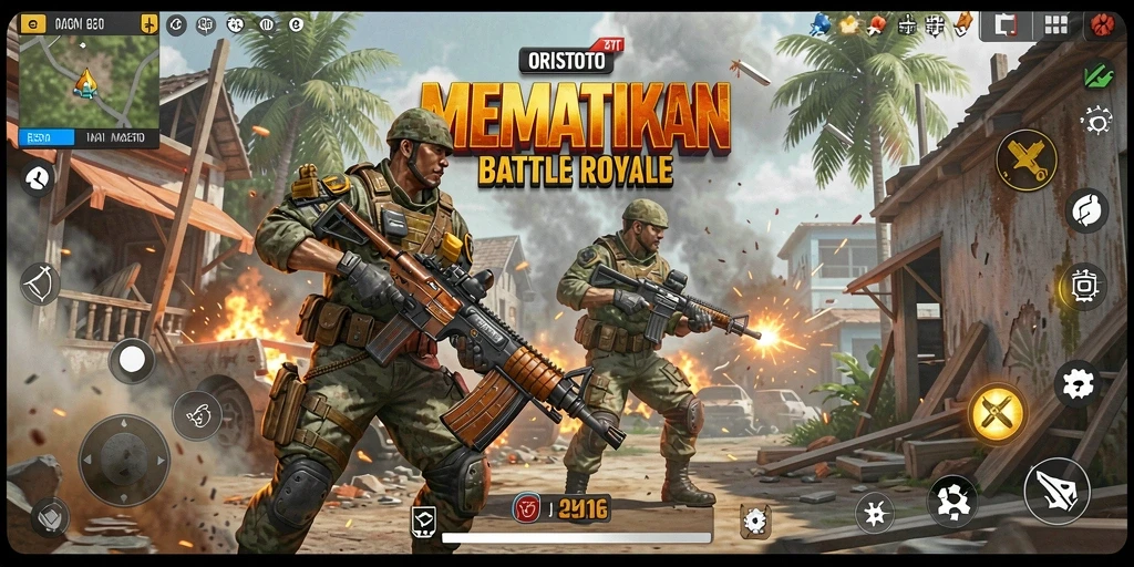 Tangkapan layar dari gameplay ORISTOTO yang menunjukkan aksi Battle Royale yang mendebarkan.