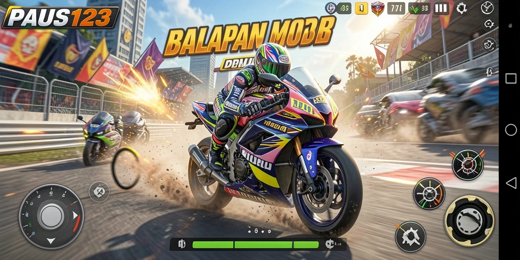 Screenshot utama PAUS123 menampilkan aksi balapan motor yang mendebarkan.