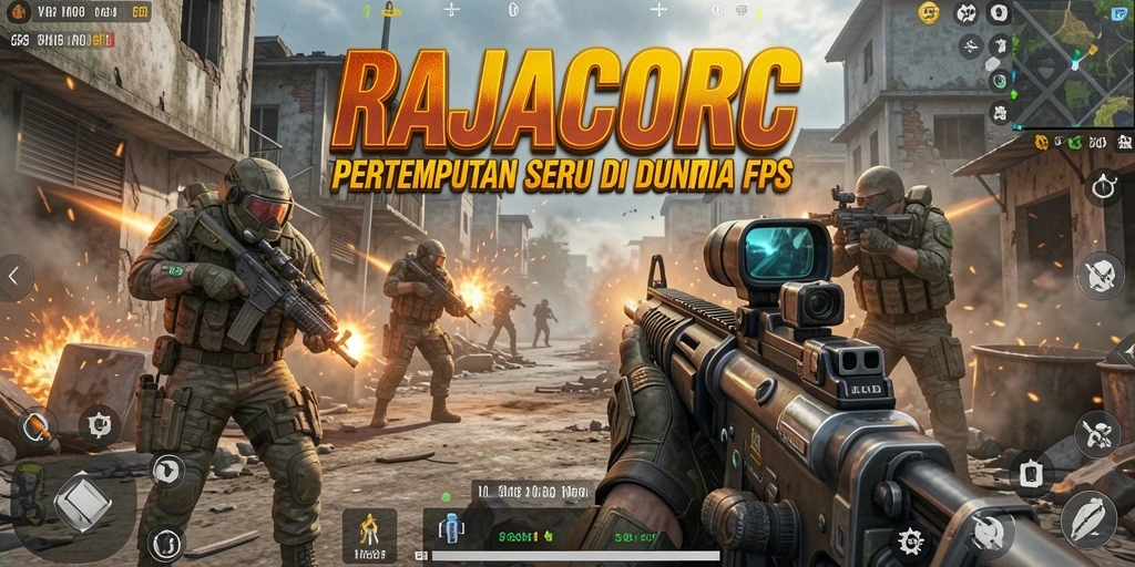 Tampilan gameplay intens dalam RAJACORC dengan aksi tembak-menembak.