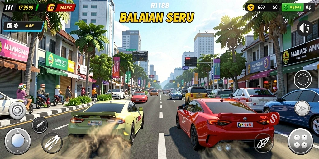 Tangkapan layar gameplay RI188 dengan mobil balap di trek kota.