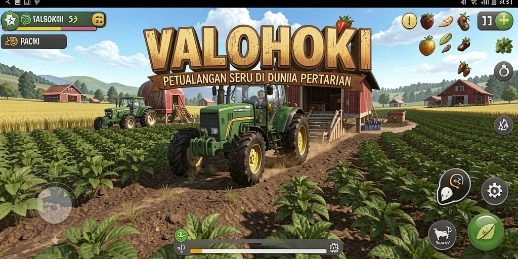 Screenshot dari gameplay VALOHOKI yang menunjukkan aktivitas pertanian yang seru.